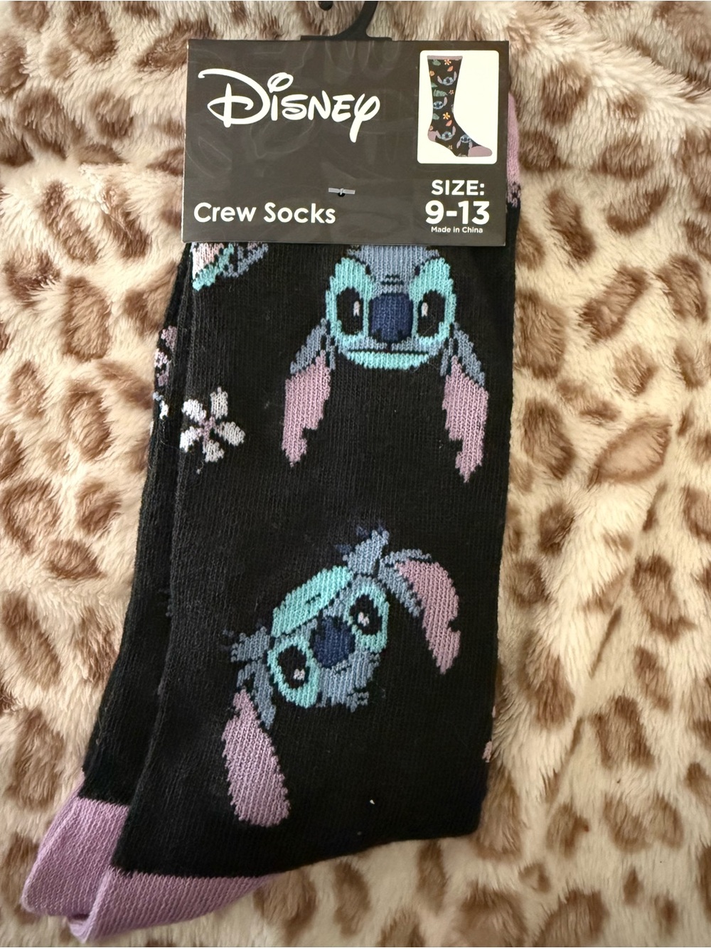 Disney Black Crew Socks with Teal and Lavender Stitch Faces